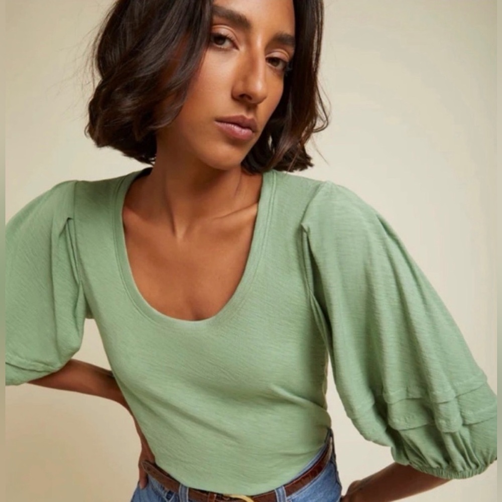 National LTD Nigella Pima Slub Cotton Pintuck Blouse Top Tee Clover Medium - Picture 2 of 6